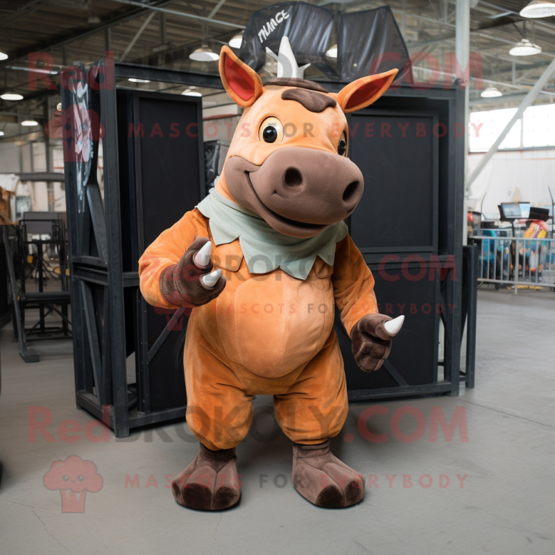 Rust Rhinoceros mascot costume character dressed with a Romper and Suspenders