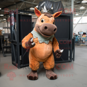 Rust Rhinoceros mascot costume character dressed with a Romper and Suspenders