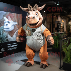 Rust Rhinoceros mascot costume character dressed with a Romper and Suspenders