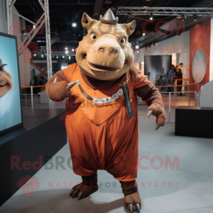 Rust Rhinoceros mascot costume character dressed with a Romper and Suspenders