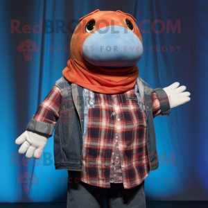 Rust Humpback Whale mascot costume character dressed with a Flannel Shirt and Scarves