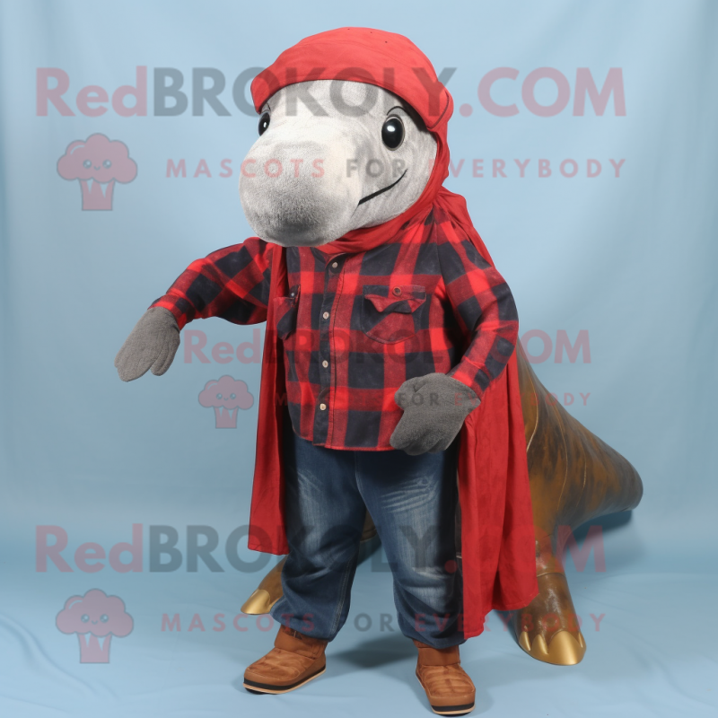 Rust Humpback Whale mascot costume character dressed with a Flannel Shirt and Scarves