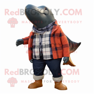 Rust Humpback Whale mascot costume character dressed with a Flannel Shirt and Scarves