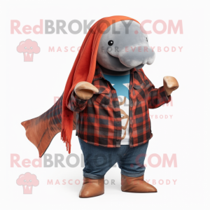 Rust Humpback Whale mascot costume character dressed with a Flannel Shirt and Scarves