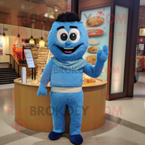 Blue Fried Rice mascot costume character dressed with a Henley Shirt and Bracelets