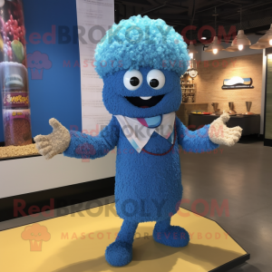 Blue Fried Rice mascot costume character dressed with a Henley Shirt and Bracelets