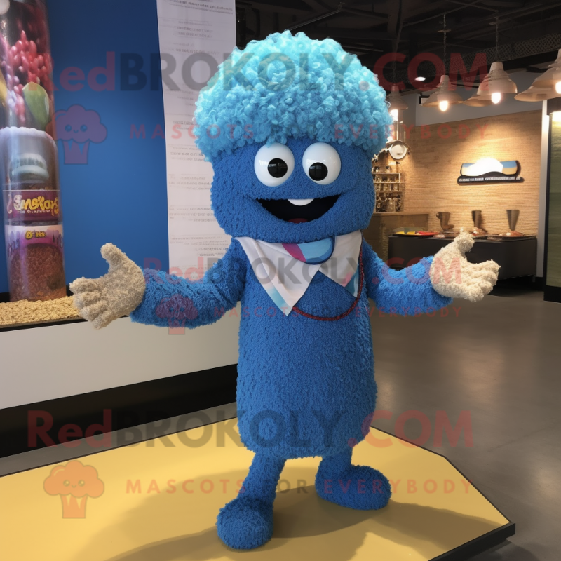 Blue Fried Rice mascot costume character dressed with a Henley Shirt and Bracelets Blue Fried Rice mascot costume character dressed with a Henley Shirt and Bracelets