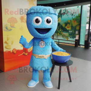 Blue Fried Rice mascot costume character dressed with a Henley Shirt and Bracelets