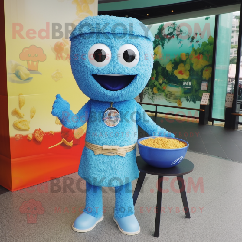 Blue Fried Rice mascot costume character dressed with a Henley Shirt and Bracelets