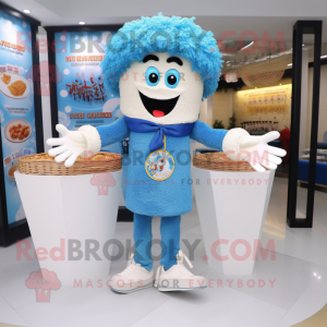 Blue Fried Rice mascot costume character dressed with a Henley Shirt and Bracelets