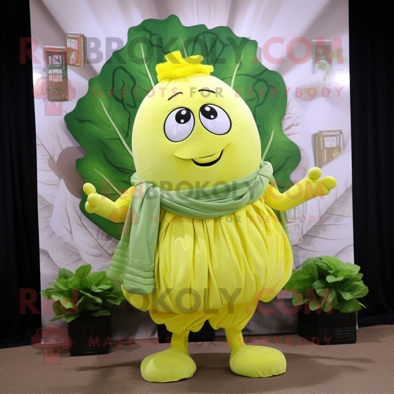 Lemon Yellow Cabbage mascot costume character dressed with a Waistcoat and Scarf clips