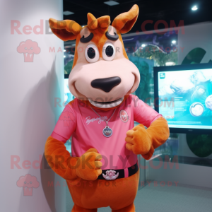 Peach Jersey Cow mascot costume character dressed with a Bodysuit and Bracelet watches