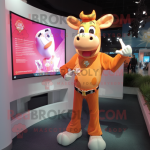 Peach Jersey Cow mascot costume character dressed with a Bodysuit and Bracelet watches