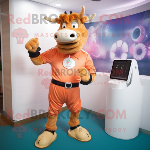 Peach Jersey Cow mascot costume character dressed with a Bodysuit and Bracelet watches