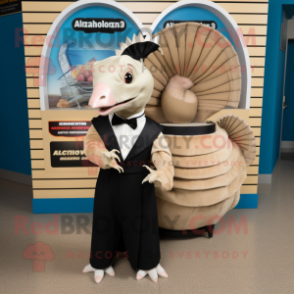 Beige Armadillo mascot costume character dressed with a Tuxedo and Keychains