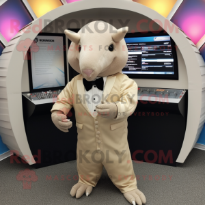 Beige Armadillo mascot costume character dressed with a Tuxedo and Keychains