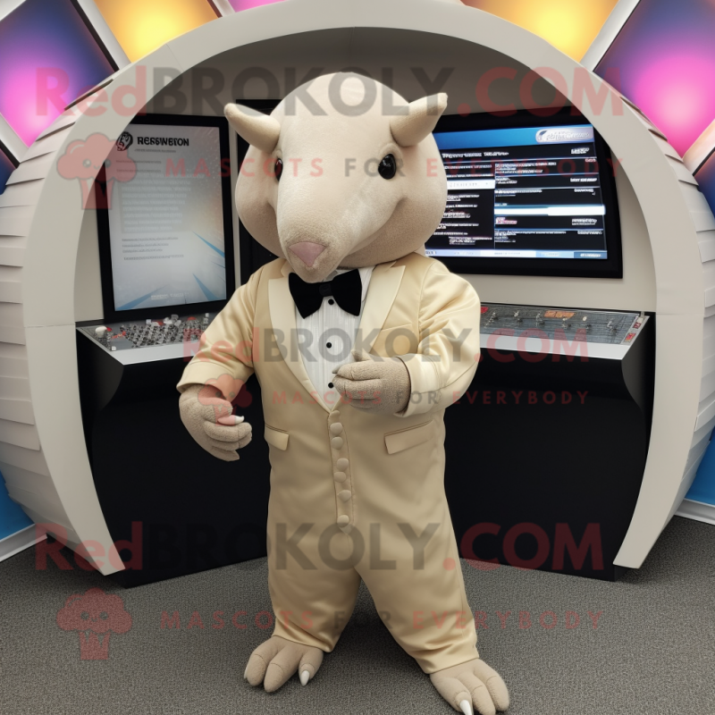 Beige Armadillo mascot costume character dressed with a Tuxedo and Keychains Beige Armadillo mascot costume character dressed with a Tuxedo and Keychains