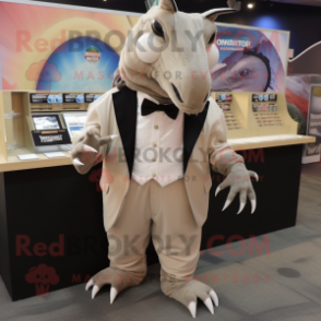 Beige Armadillo mascot costume character dressed with a Tuxedo and Keychains