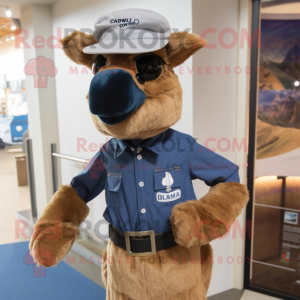 Navy Camel mascot costume character dressed with a Chambray Shirt and Beanies