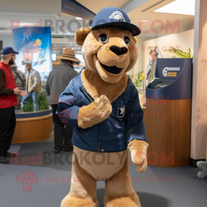 Navy Camel mascot costume character dressed with a Chambray Shirt and Beanies