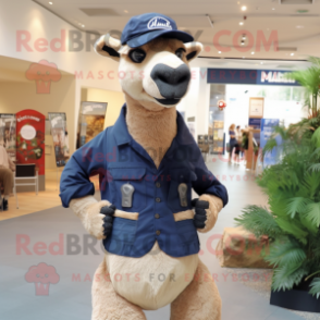 Navy Camel mascot costume character dressed with a Chambray Shirt and Beanies