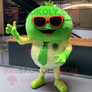 Lime Green Meatballs mascot costume character dressed with a Bodysuit and Sunglasses
