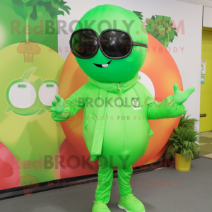 Lime Green Meatballs mascot costume character dressed with a Bodysuit and Sunglasses