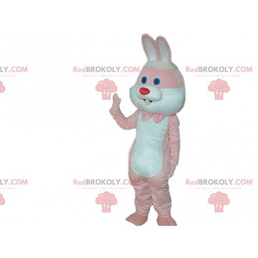 Roze en wit konijn mascotte, kostuum reusachtig konijn -