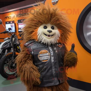 Rust Porcupine mascot costume character dressed with a Moto Jacket and Wraps