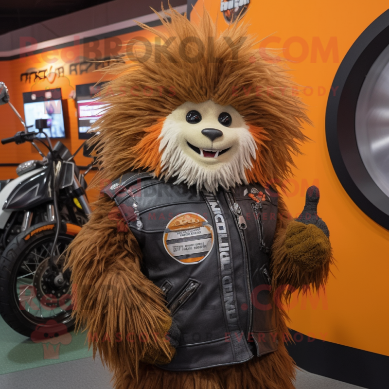 Rust Porcupine mascot costume character dressed with a Moto Jacket and Wraps Rust Porcupine mascot costume character dressed with a Moto Jacket and Wraps