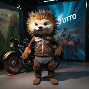 Rust Porcupine mascot costume character dressed with a Moto Jacket and Wraps