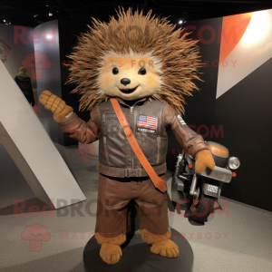 Rust Porcupine mascot costume character dressed with a Moto Jacket and Wraps