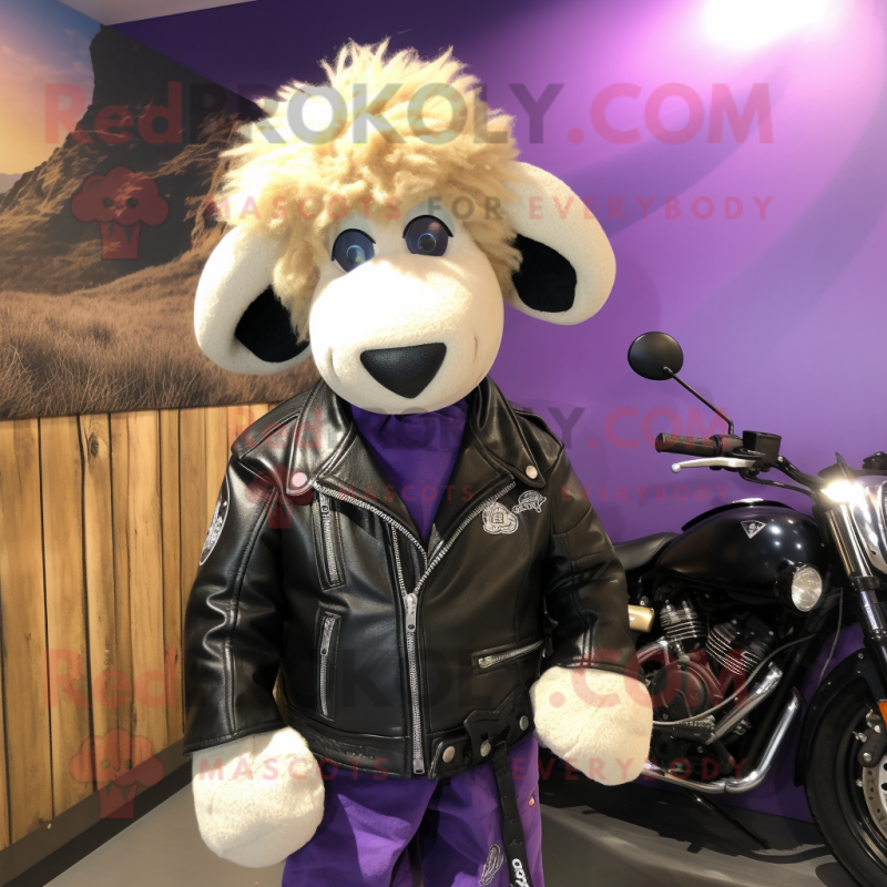 Lavender Suffolk Sheep mascot costume character dressed with a Biker Jacket and Ties Lavender Suffolk Sheep mascot costume character dressed with a Biker Jacket and Ties