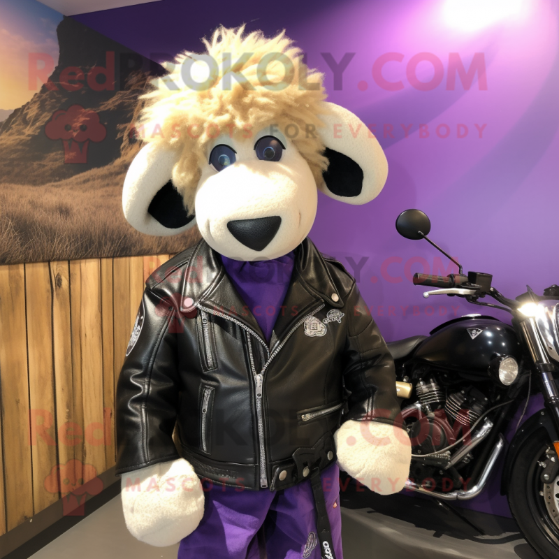 Lavender Suffolk Sheep mascot costume character dressed with a Biker Jacket and Ties