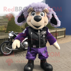 Lavender Suffolk Sheep mascot costume character dressed with a Biker Jacket and Ties