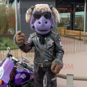 Lavender Suffolk Sheep mascot costume character dressed with a Biker Jacket and Ties