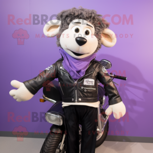 Lavender Suffolk Sheep mascot costume character dressed with a Biker Jacket and Ties