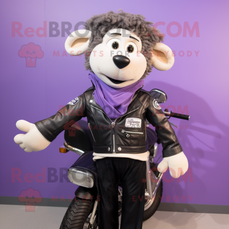 Lavender Suffolk Sheep mascot costume character dressed with a Biker Jacket and Ties Lavender Suffolk Sheep mascot costume character dressed with a Biker Jacket and Ties