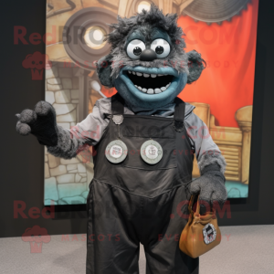Black Undead mascot costume character dressed with a Overalls and Coin purses