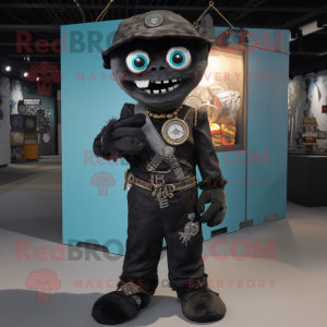 Black Undead mascot costume character dressed with a Overalls and Coin purses