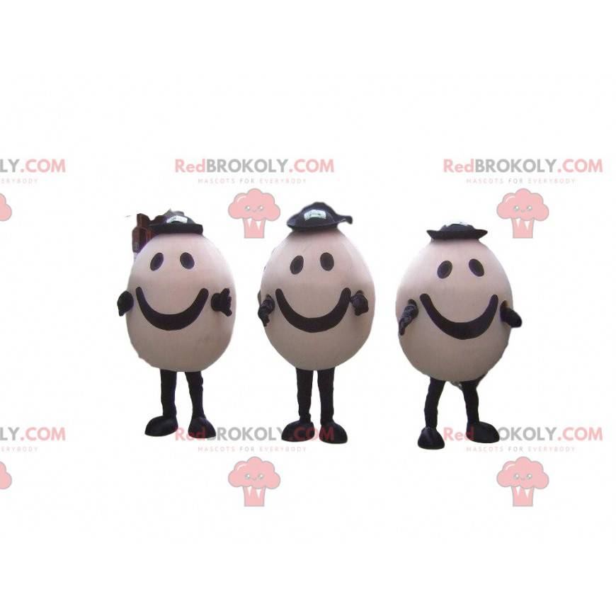 3 smiling egg mascots with hats, 3 eggs - Redbrokoly.com