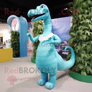 Sky Blue Brachiosaurus mascot costume character dressed with a Mini Dress and Bracelet watches