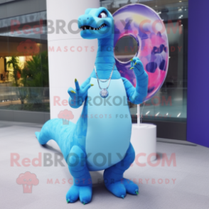Sky Blue Brachiosaurus mascot costume character dressed with a Mini Dress and Bracelet watches