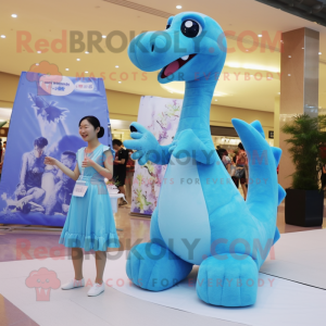 Sky Blue Brachiosaurus mascot costume character dressed with a Mini Dress and Bracelet watches
