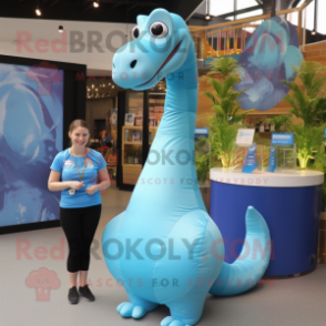 Sky Blue Brachiosaurus mascot costume character dressed with a Mini Dress and Bracelet watches