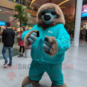 Teal Giant Sloth mascot costume character dressed with a Jacket and Smartwatches