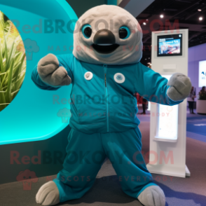 Teal Giant Sloth mascot costume character dressed with a Jacket and Smartwatches