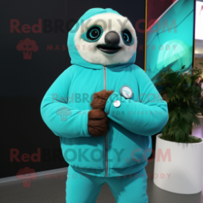 Teal Giant Sloth mascot costume character dressed with a Jacket and Smartwatches