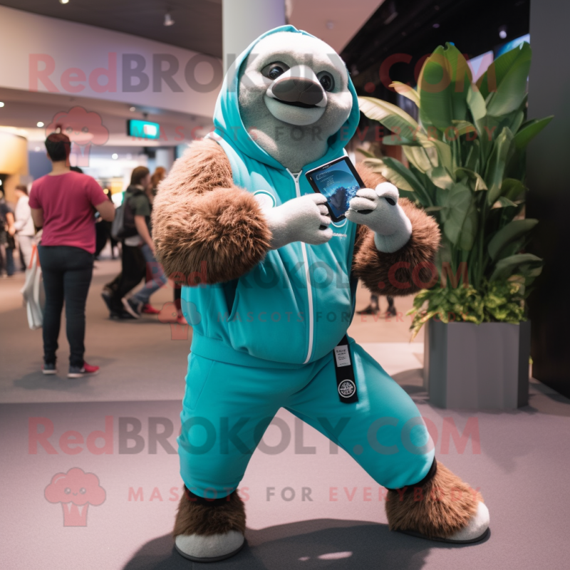 Teal Giant Sloth mascot costume character dressed with a Jacket and Smartwatches