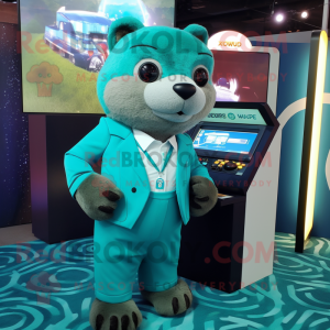 Teal Otter mascot costume character dressed with a Suit and Digital watches